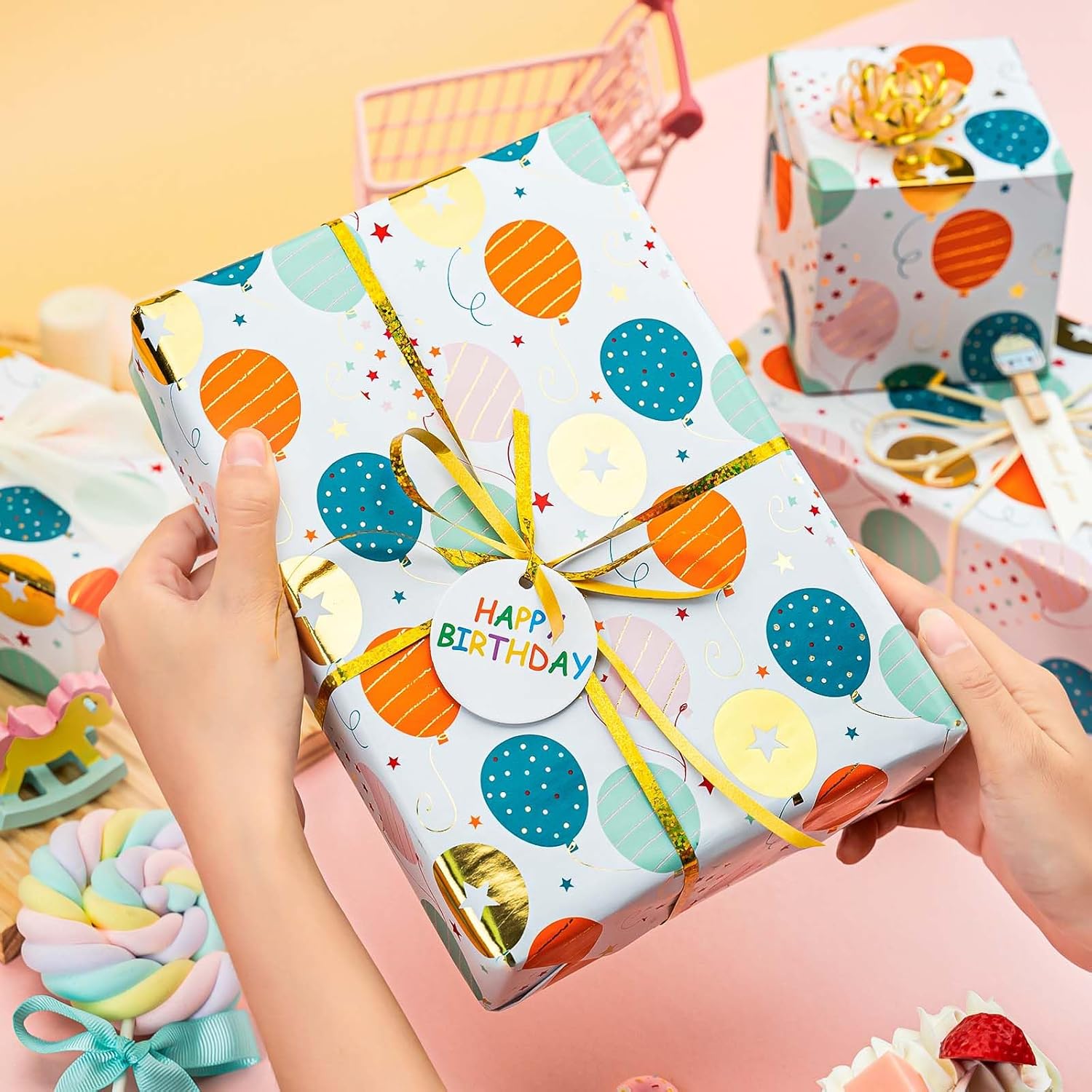 Birthday Wrapping Paper, Metallic Gold Gift Wrap Paper Roll, Colorful Balloon Cute Polka Dot Star Happy Birthday Design - 17 Inches X 32.8 Feet