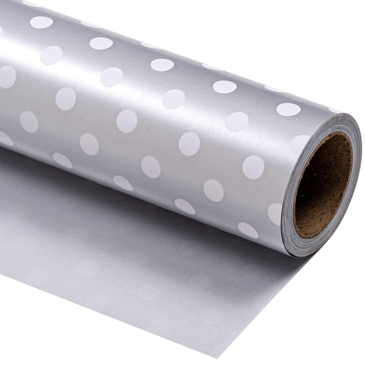 Reversible Wrapping Paper - Mini Roll - 17 Inch X 33 Feet - Silver Print And Polka Dot Design For Birthday, Holiday, Wedding, Baby Shower