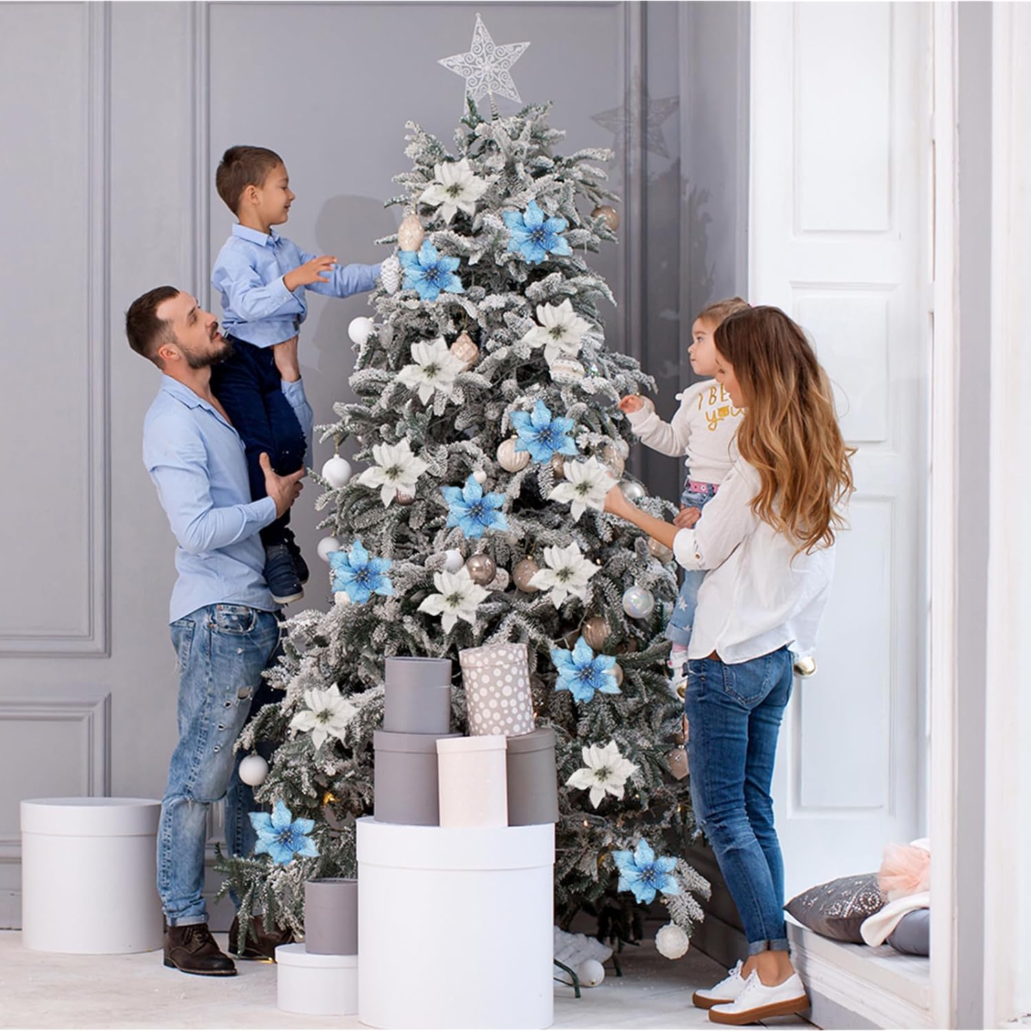 12Pcs Poinsettia Flower Artificial Poinsettia With Stem Christmas Decor Glitter Poinsettia Christmas Ornaments Christmas Tree Flower Decoration Diy Xmas Wreath Mantle Party Decor (Blue)