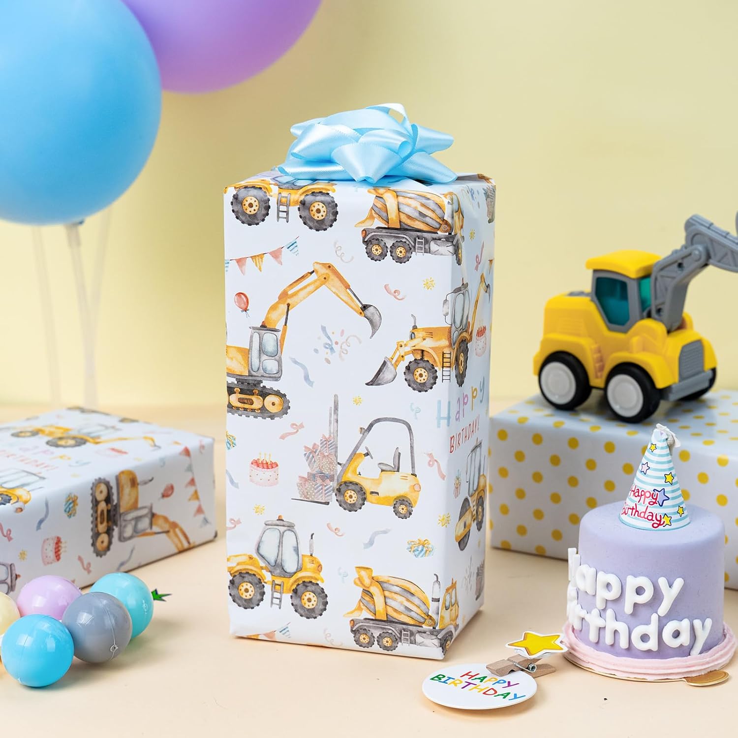 Reversible Construction Birthday Wrapping Paper For Kids - 17 In X 16.4 Ft(23.3 Sqft) - Reversible Gift Wrap Paper With Yellow Truck Excavator Digger For Kids Boys Birthday, Baby Shower, Christmas