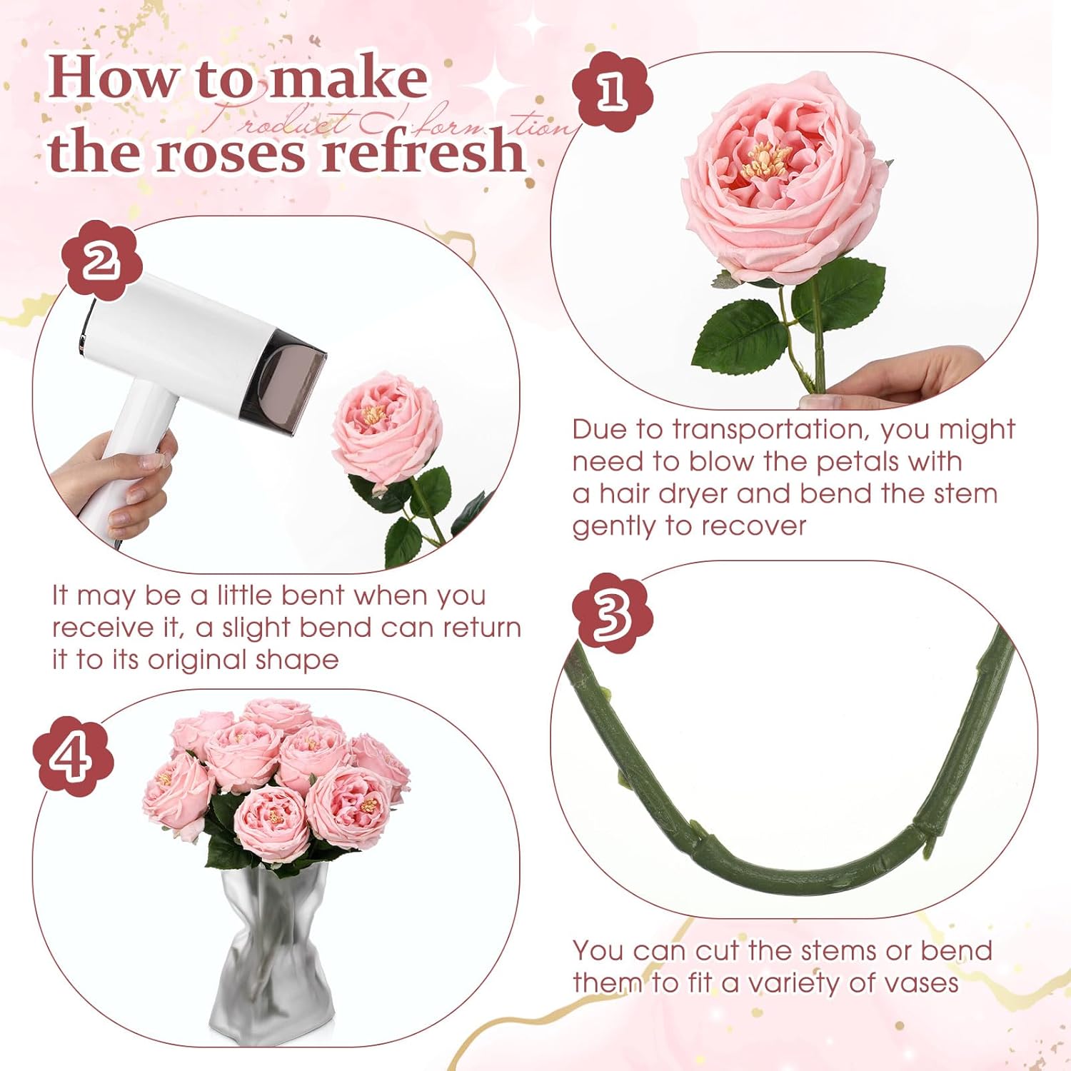 10Pcs Real Touch Peonies Artificial Flowers, Faux Austin Rose With Long Stem Look Real Fake Flower For Christmas Valentines Arrangement Wedding Party Home Kitchen Decor(Pink)