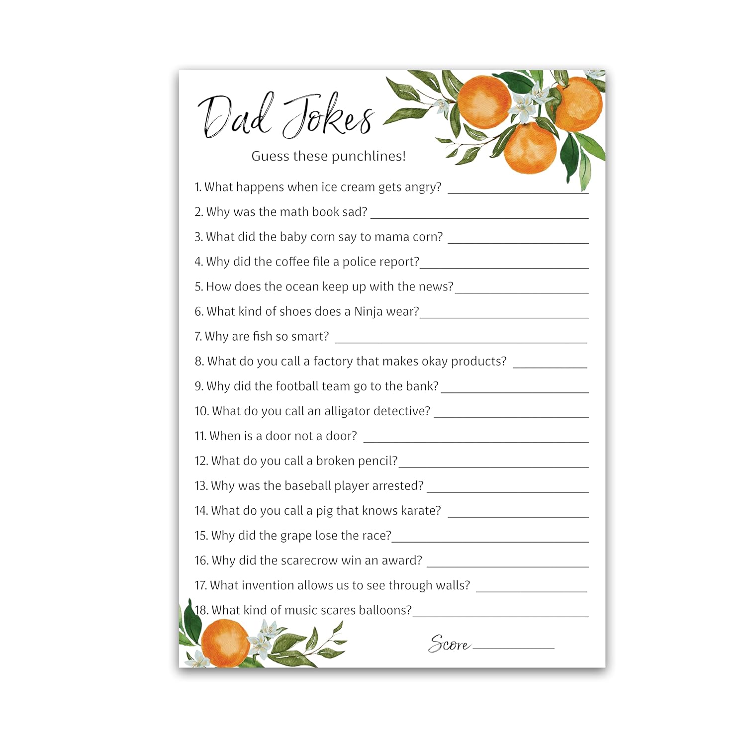 A Little Cutie Theme Baby Shower Game — Dad Jokes Games — Pack Of 25 — Fun Dad Joke Game, Funny Daddy Jokes Trivia, Citrus Orange Shower Activity, Gender Neutral Couples Co-Ed Shower Birthday G350-Djk