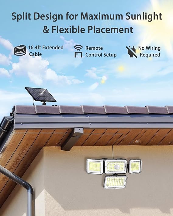 2 Pack 3500LM Solar Security Lights 288 LED IP67 Waterproof 4 Head Motion Sensor Flood Lights