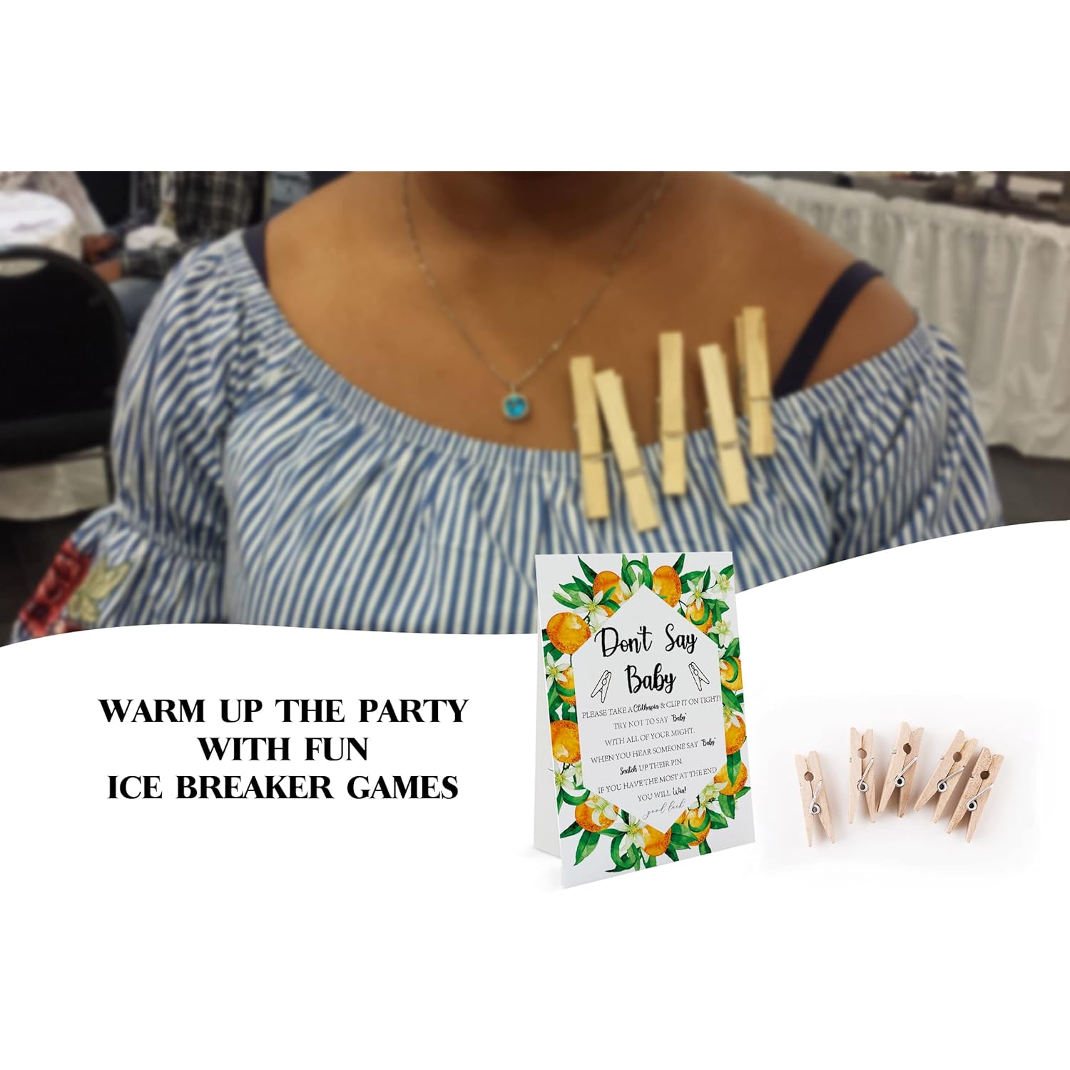 Don'T Say Baby Game - Orange Citrus (1 Sign & 50 Mini Natural Clothespins) - Gender Neutral Baby Shower Game