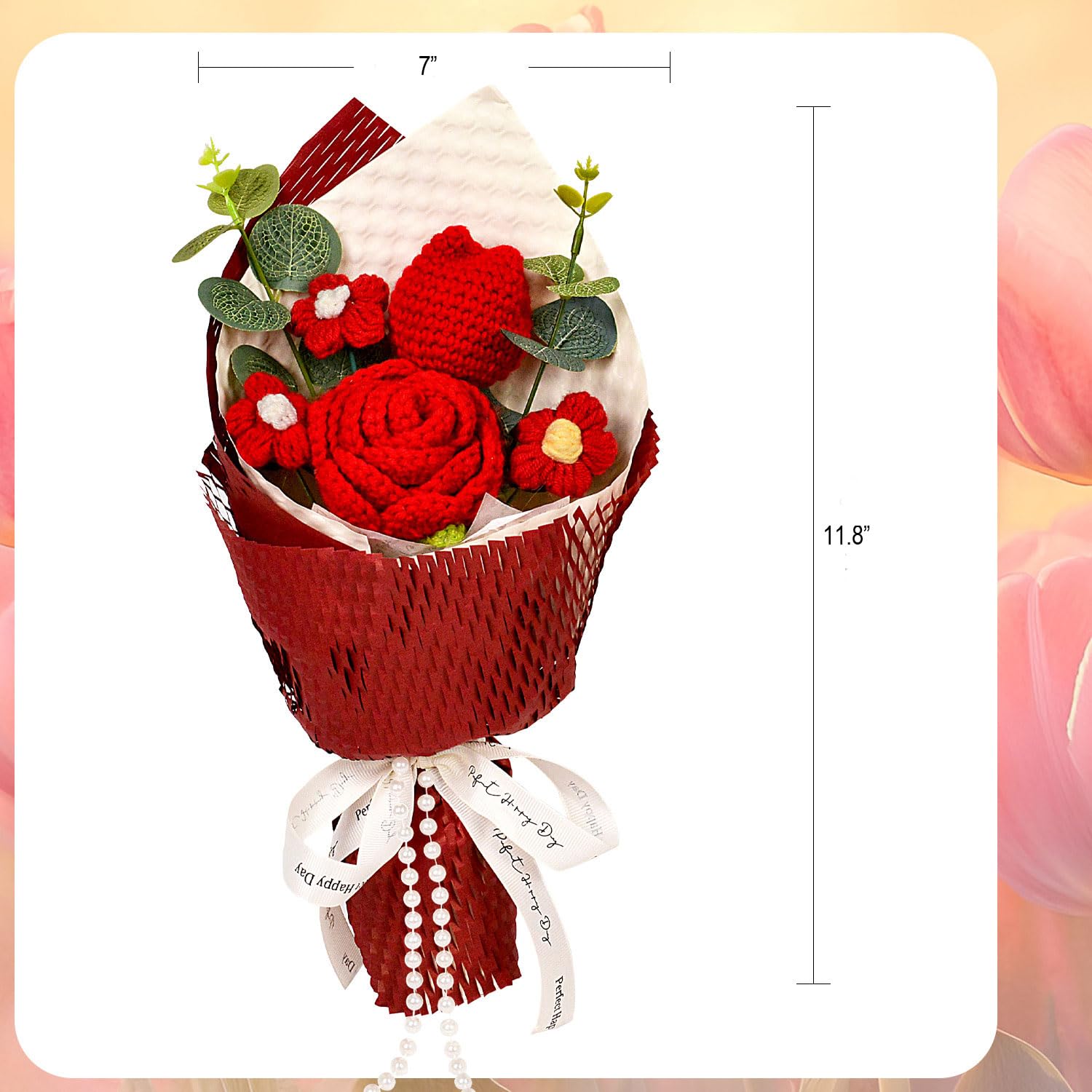 Crochet Flower Bouquet - Crochet Rose Tulip Daisy Knitted Flowers Bouquet For Valentine’S Day, Anniversary, Wedding, Birthday Party, Birthday, Red