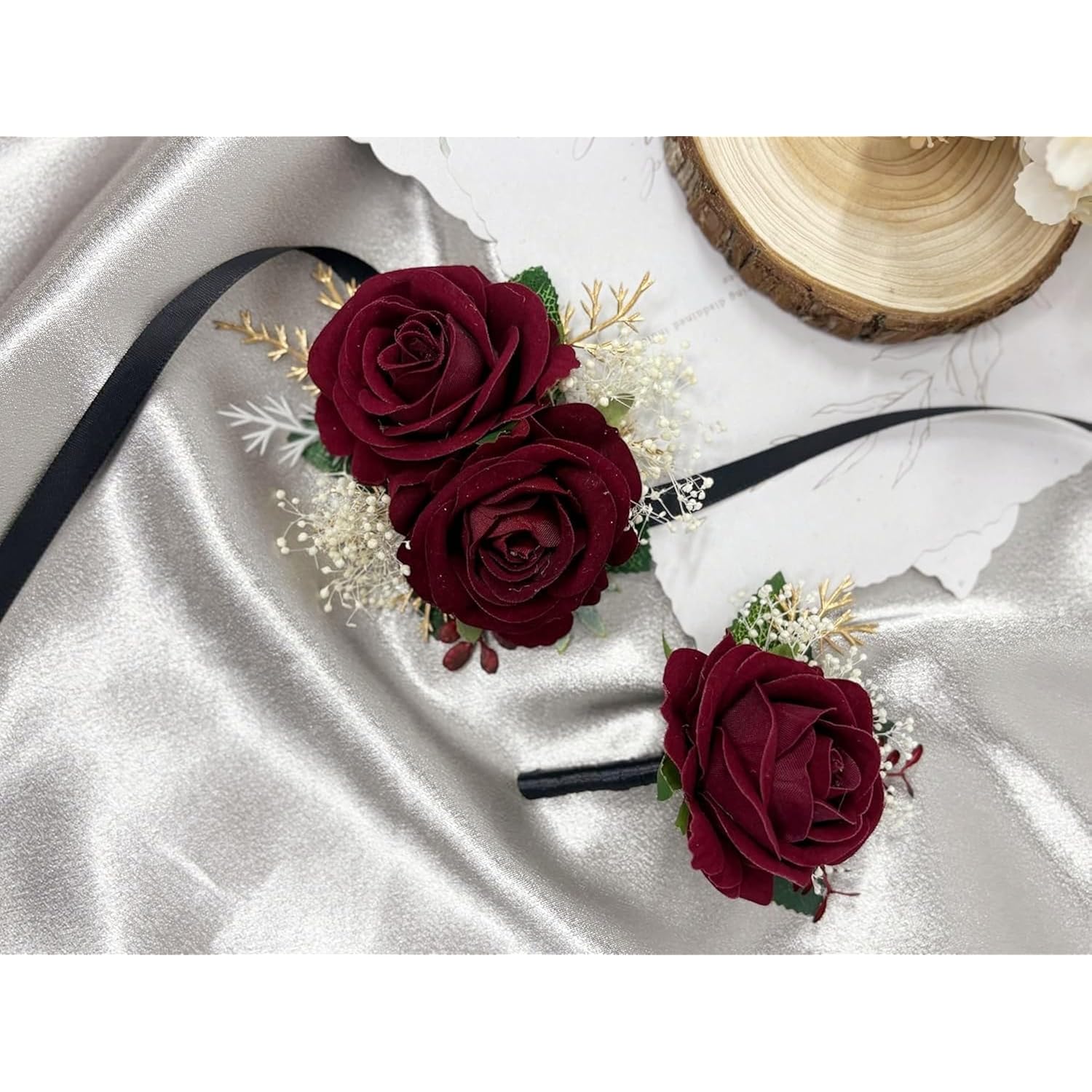 Burgundy Rose Corsage And Boutonniere Set With Baby'S Breath For Wedding Flower Accessories Prom Suit Decorations