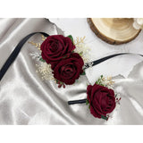 Burgundy Rose Corsage And Boutonniere Set With Baby'S Breath For Wedding Flower Accessories Prom Suit Decorations