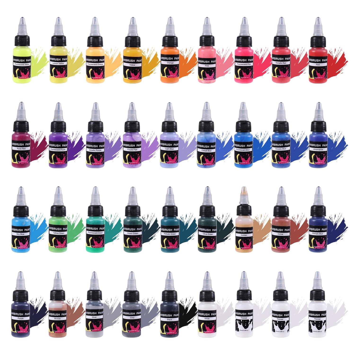 33 Colors Airbrush Paint Set + 3 Thinner - Ready To Spray Acrylic Paints - Rich Pigments, Water-Based, For Models, Miniatures, Figurines, Canvas, Fabric & More - 20Ml Bottles