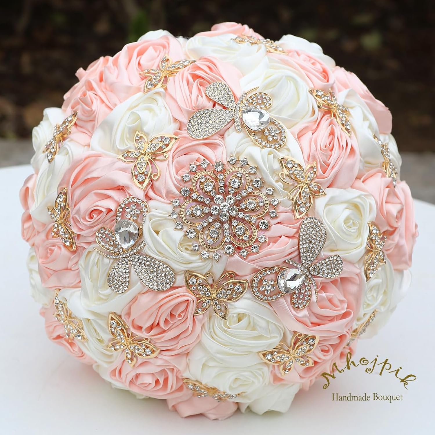 Handmade Wedding Flowers Bouquet Round Holding Bridal Bouquet Toss Artificial Rose Bunch For Bride Bridesmaid Wedding Quinceanera (Light Salmon & Ivory, 8.7")