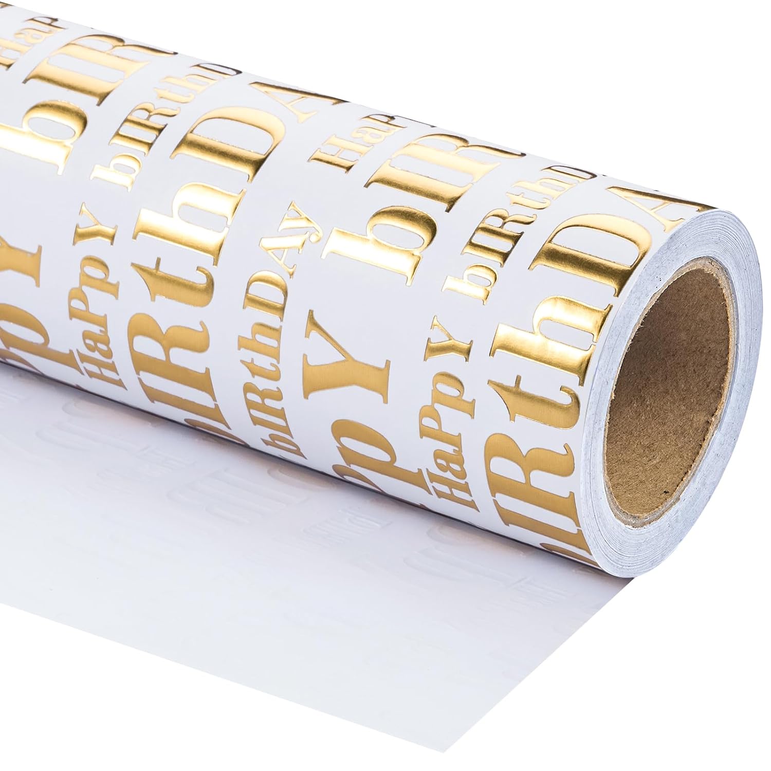 3D Kraft Birthday Wrapping Paper Roll - Mini Roll - 17 Inch X 16.5 Feet - Gold And White Happy Birthday Lettering Design With Embossed Perfect For Holiday, Party Celebration