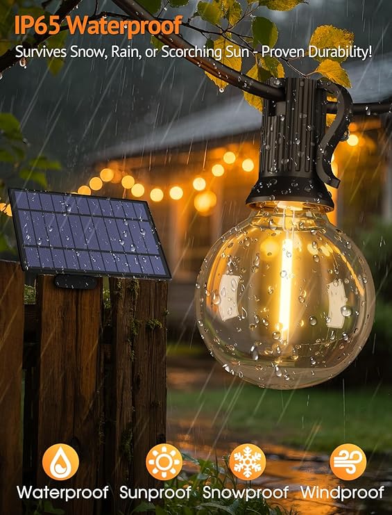 25FT Solar G40 String Lights Waterproof Dimmable Patio Lights with Remote 10+1 Bulbs