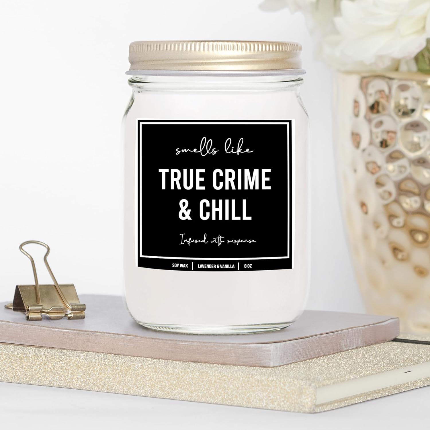 You Nique Designs True Crimes & Chill Scented Candle, 8 Oz, True Crime Gifts For Women, Serial Killer Gifts For Women, Crime Junkie Merch, All Natural Soy Vegan Candles (Lavender & Vanilla)