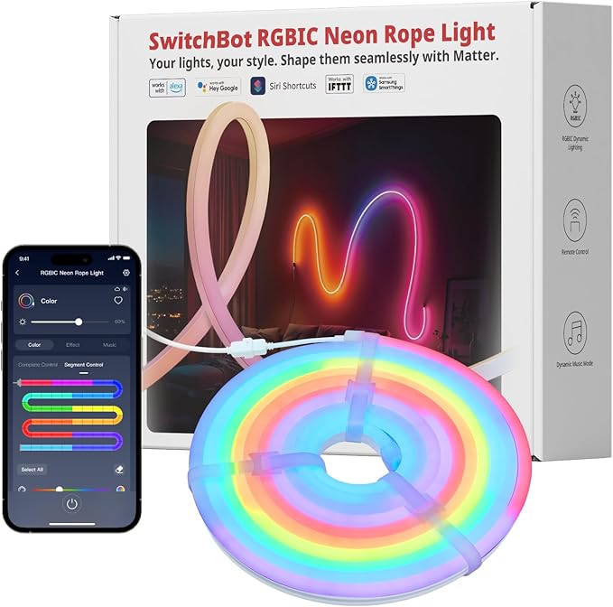 RGBIC Neon Rope Light 5M Matter Compatible LED Strip Lights with Music Sync Smart Home Control