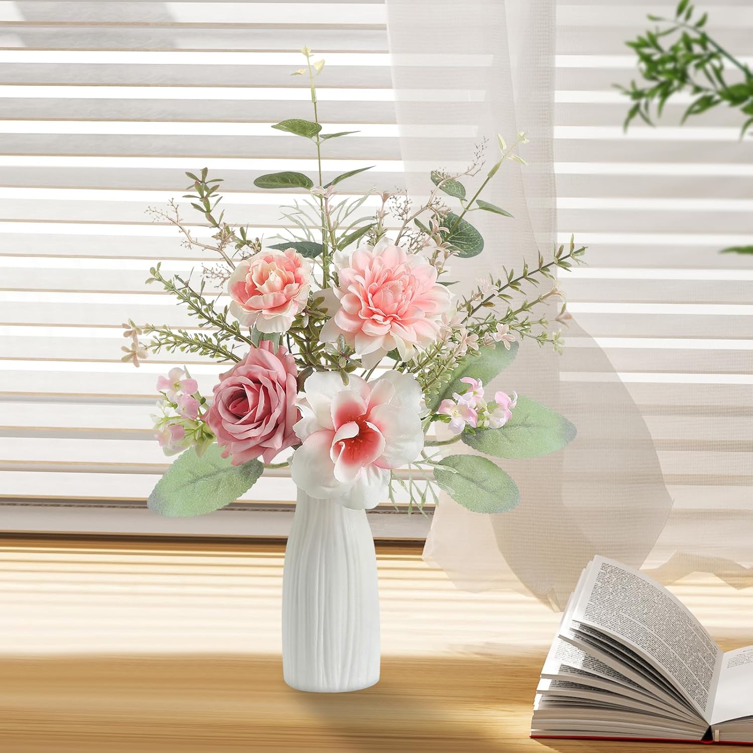 Small 11" Artificial Flowers In Ceramic Vase - Pink Silk Flower Centerpiece For Dining Table, Office, Wedding & Farmhouse, Home Decor Gifts