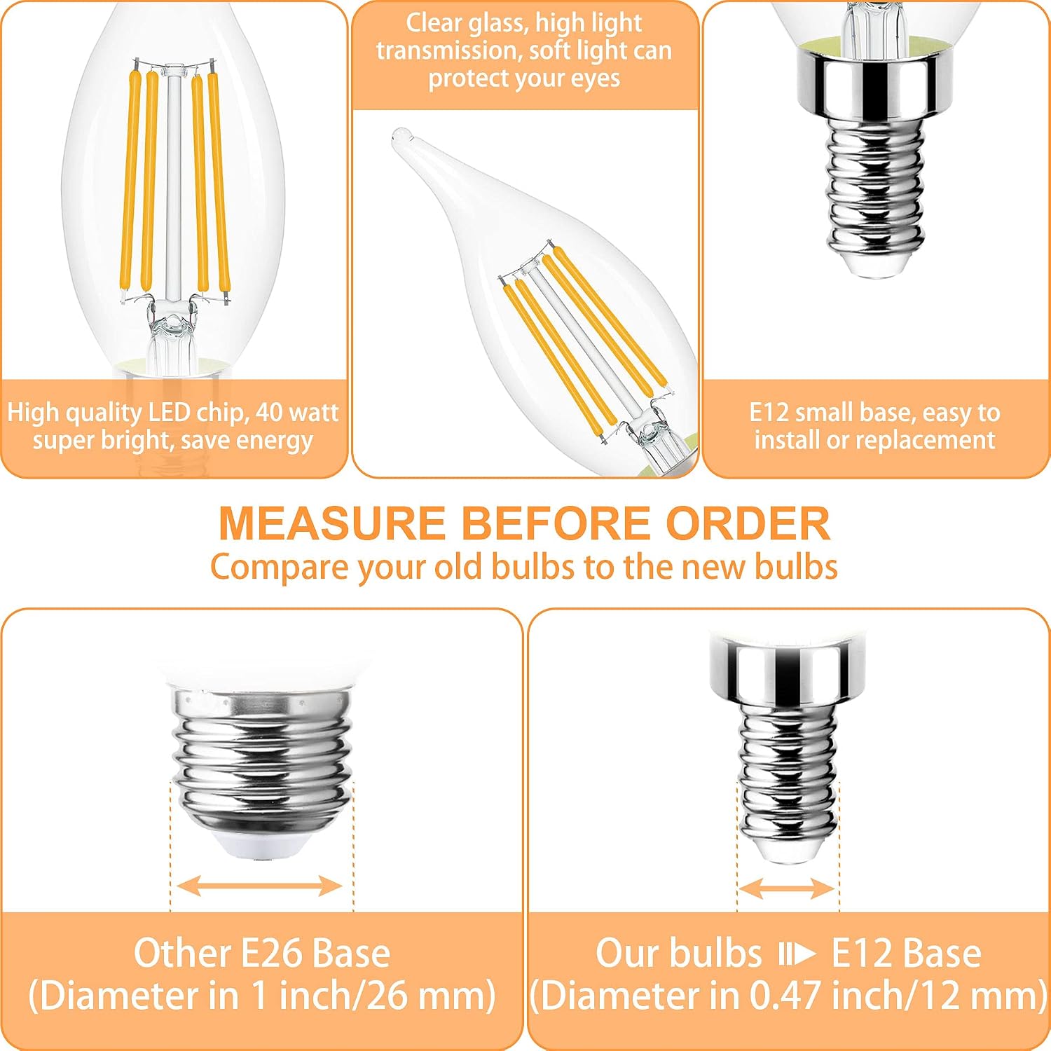 E12 LED Candelabra Bulbs 6 Pack Dimmable 60W Equivalent 3000K Warm White Filament Chandelier Lights