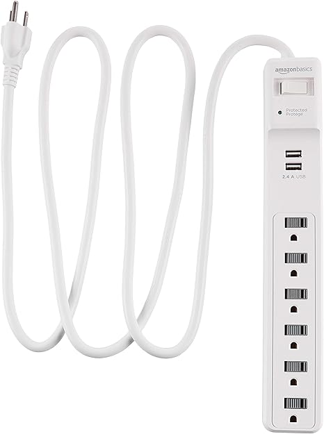 Surge Protector Power Strip 6 Outlets 2 USB Ports 1000J 6FT Extension Cord White