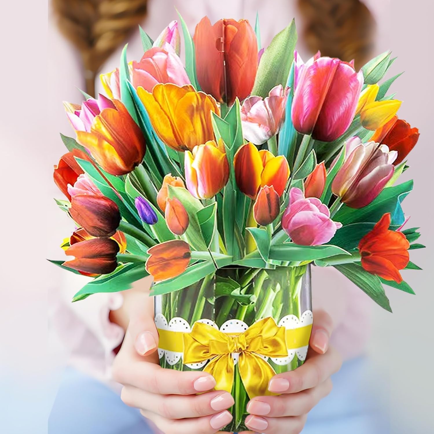 Dociday Paper Flower Bouquet Card, 13 Inches 3D Tulip Pop Up Greeting Cards For Mothers Teachers Day Birthday Gift With Envelope And Note Card