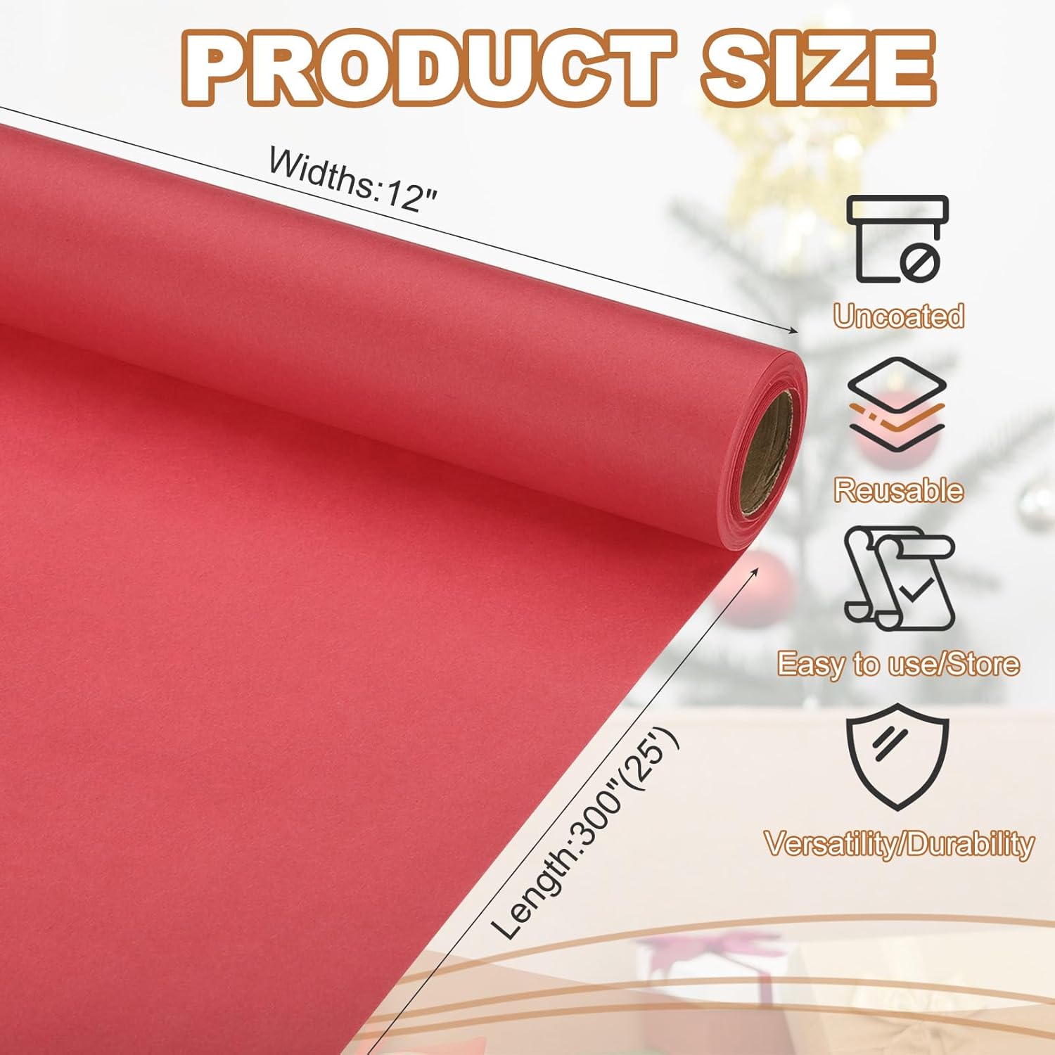 Wrapping Paper, 17" X 300"(25') 70 Gsm Craft Paper Roll Kraft Packing Paper For Poster Bulletin Board, Gift Wrapping, Red