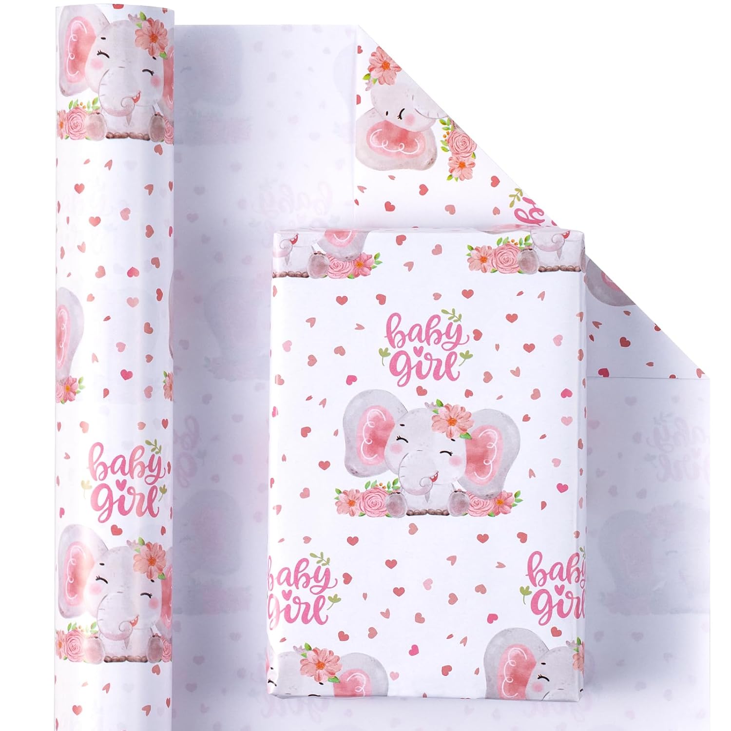 Baby Girl Wrapping Paper - Mini Roll - 17 Inch X 33 Feet - Adorable Pink Elephant Design For Baby Shower, Party, Holiday