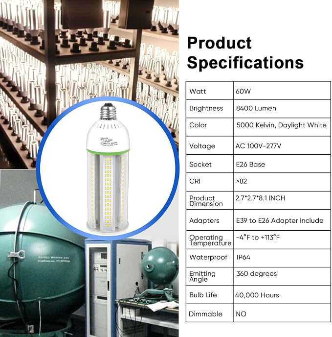 60W LED Corn COB Light Bulb 600W Equivalent 5000K Daylight 8400 Lumens E26 E39 Base