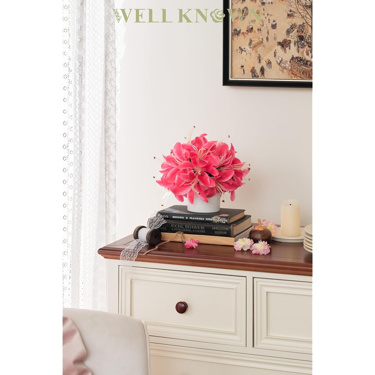 Artificial Flowers In White Vase, Fake Hot Pink Lily Flowers With White Ceramic Vase, Small Potted Faux Floral Arrangements For Home Coffee Tea Wedding Dining Table Centerpiece Lavatory Decor