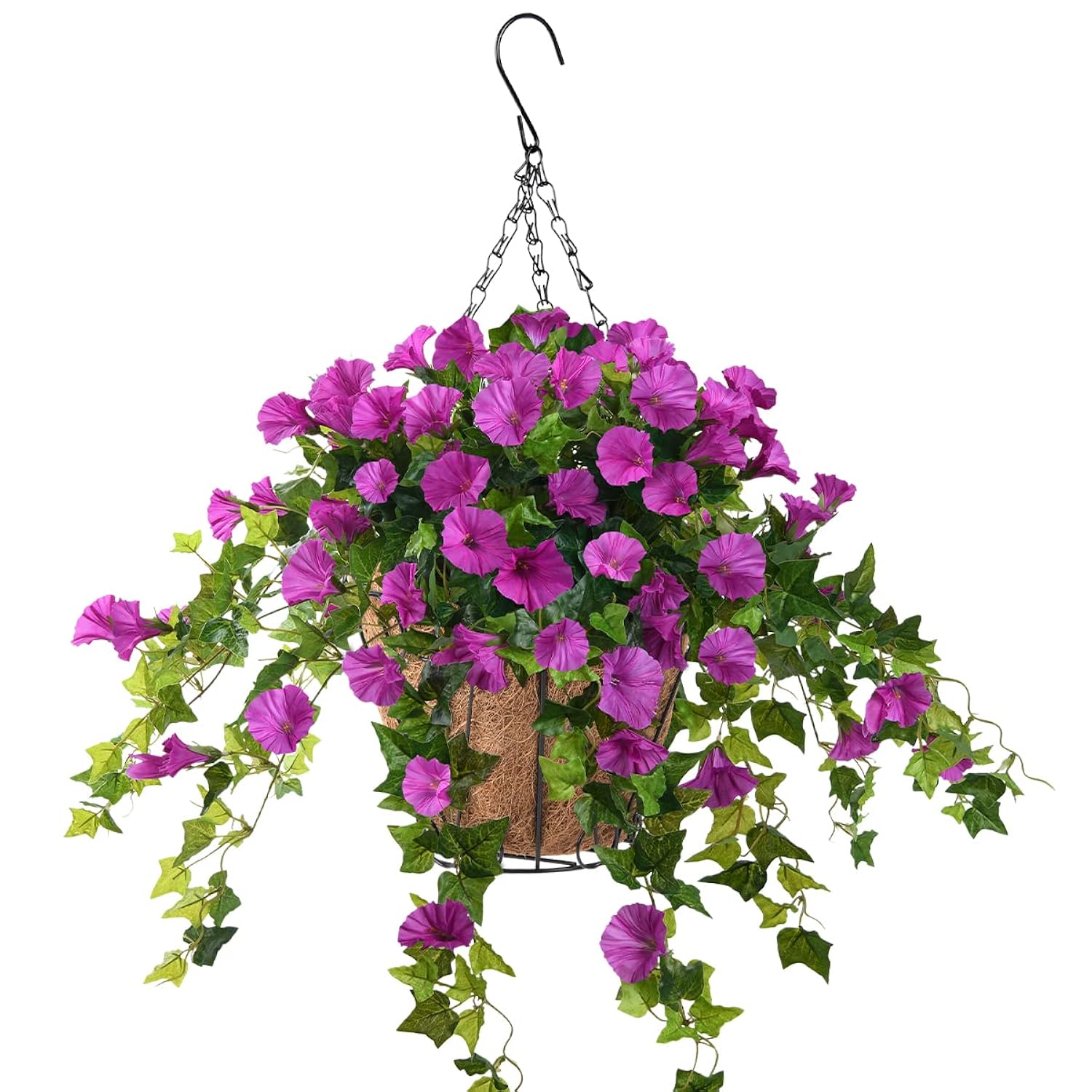 Artificial Vine Silk Petunia Flowers Hanging Plant In Basket, Coconut Lining Basket Hanging Plant For Patio Lawn Garden Porch Spring Decor (Purple)