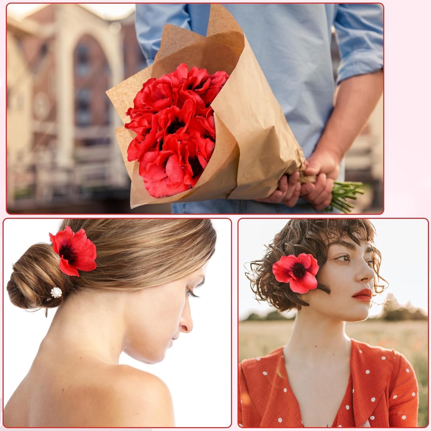 60 Set Red Poppy Artificial Flowers Fake Flowers Poppies Head With Flower Branch For Memorial Day Veterans Day Bouquet Wedding Party Corsages Home Kitchen Decoration