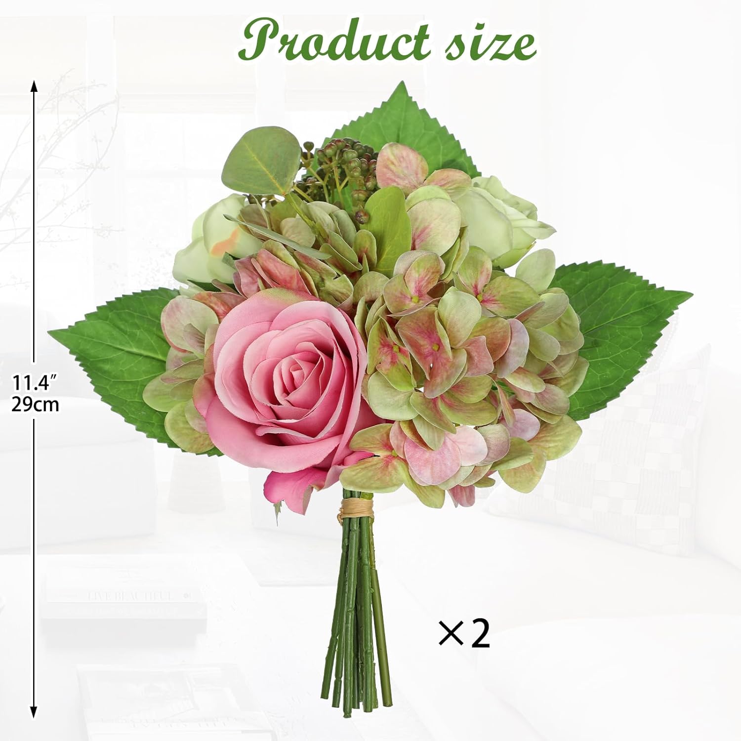2Pcs Cemetery Flowers For Grave Artificial Hydrangea Bouquet With Fake Roses Flowers Silk Flowers Mixed Bush For Cemetery Grave Party Wedding Floral Arrangements Office Home Decor Green