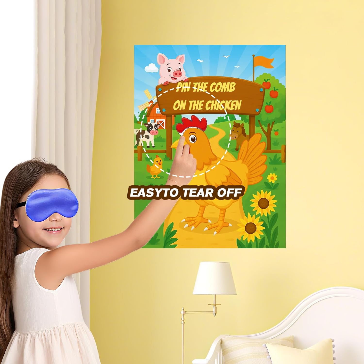 Farm Animal Party Games - Pin The Comb On The Rooster Poster With 24 Stickers & 2 Blindfolds - Rooster Crown Game Set For Barnyard Parties, Adult Group Activities & Farm Theme Decor