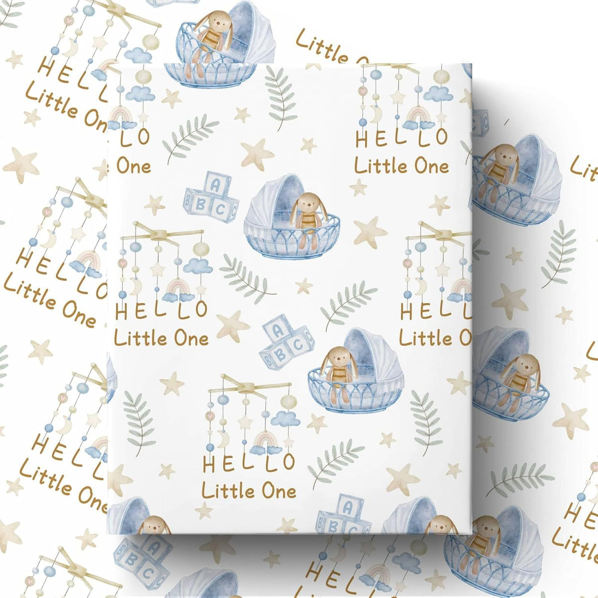 Bunny Baby Shower Wrapping Paper Roll For Girl Boy, Hello Little One Design Gift Wrap Paper, Cute Rabbit Gift Packing Paper Art Paper For Baby Shower Newborn Birthday Party, 17Inch X 16.5Feet