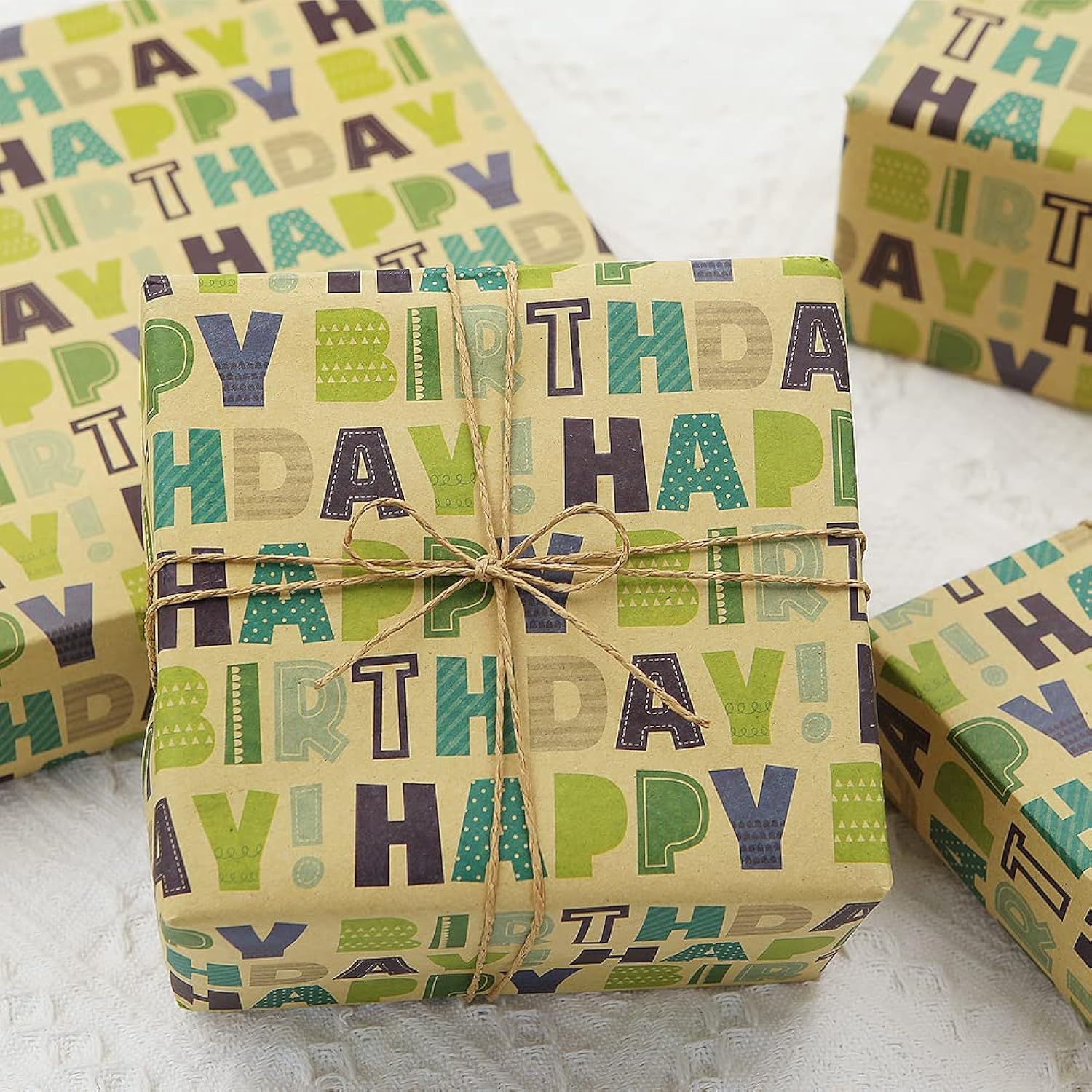 Happy Birthday Green Wrapping Paper For Men Women Boys Girls Kids,Gift Wrap, 20 X 28 Inches Per Sheet (6 Sheets: 23 Sq. Ft. Ttl.) Brown Recycled Kraft Folded Paper For Baby Shower Daddy All Birthday Occasions