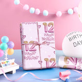 12Th Birthday Wrapping Paper Girls, Hearts And Pink Number 12 Balloons Happy Birthday Design, 12 Years Old, Mini Roll, 17 Inches X 16.4 Feet, Perfect For Girls' Birthday Party Gifts