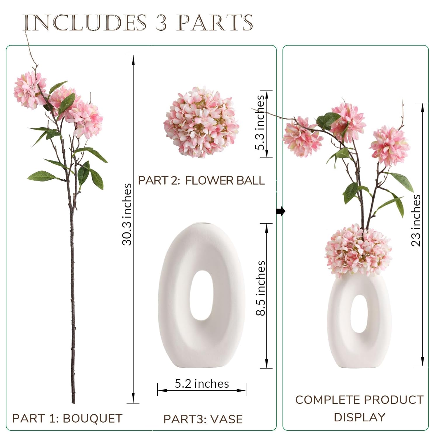Fake Flower Bouquet And Vase Set, Faux Flower Arrangement For Decorating Living Room And Offices, Realistic Artificial Flowers Made Of Silk & Plastic, Floral Decoration With Pink Blossoms
