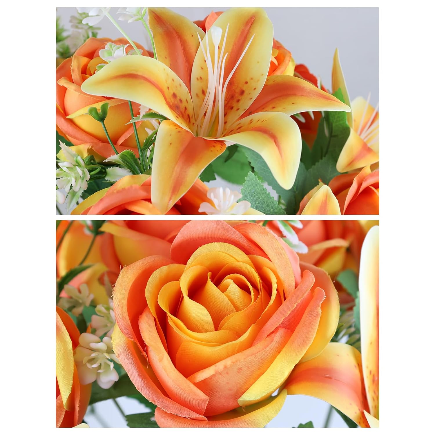 2 Set Artificial Cemetery Flowers With Grave Vase-2 Bunches Lilies & Rose Mixed Orangish Yellow Silk Memorial Flowers-2 Cemetry Vase With Foam For Outdoor Headstones Gravesite Graveyard Decorations