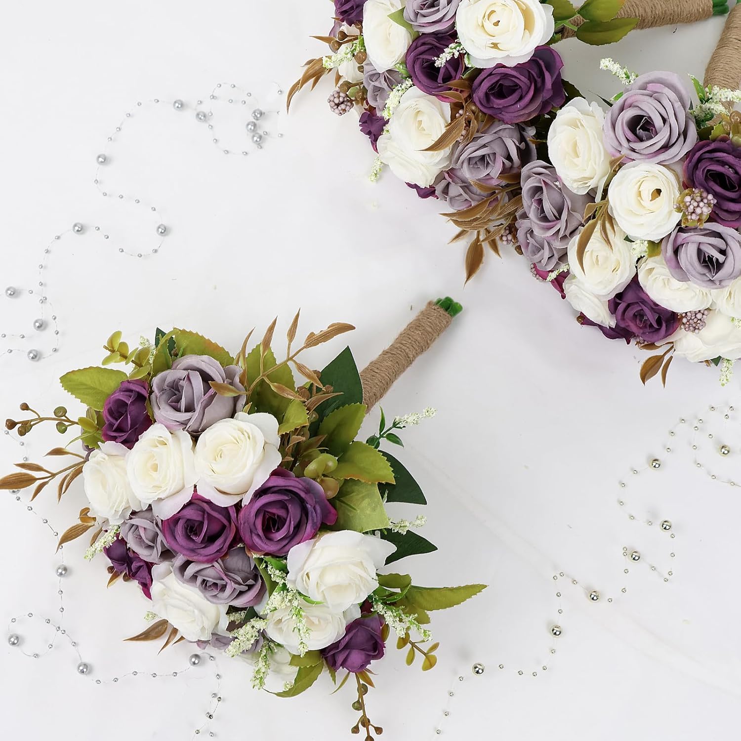 Wedding Bouquet For Bridesmaid 1 Pack - Hand Holding Flower Bouquet 7 Inch Artificial Flower Bouquet For Bride Party Ceremony Anniversary Decor - Dusty Purple & White