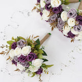 Wedding Bouquet For Bridesmaid 1 Pack - Hand Holding Flower Bouquet 7 Inch Artificial Flower Bouquet For Bride Party Ceremony Anniversary Decor - Dusty Purple & White