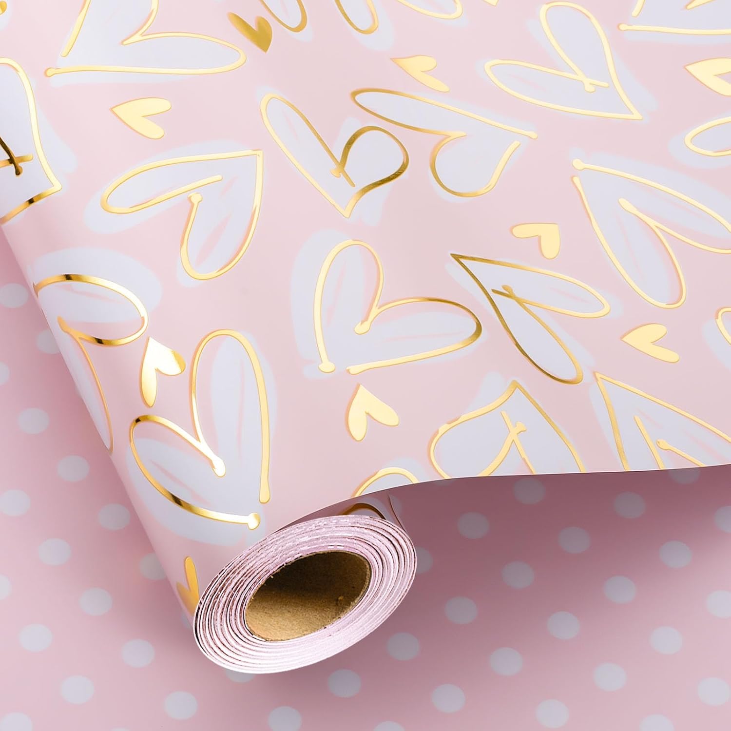 Wedding Wrapping Paper Roll, 17In X 33Feet Gold Foil Heart Bridal Shower Gift Wrap For Mothers Day, Engagement, Baby Shower, Valentines Day