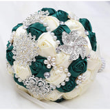 7.9 Inch Handmade Satin Rose Bridal Bouquet Toss Round Wedding Bouquet Throw Toss Artificial Flower Bunch Deep Green + Ivory