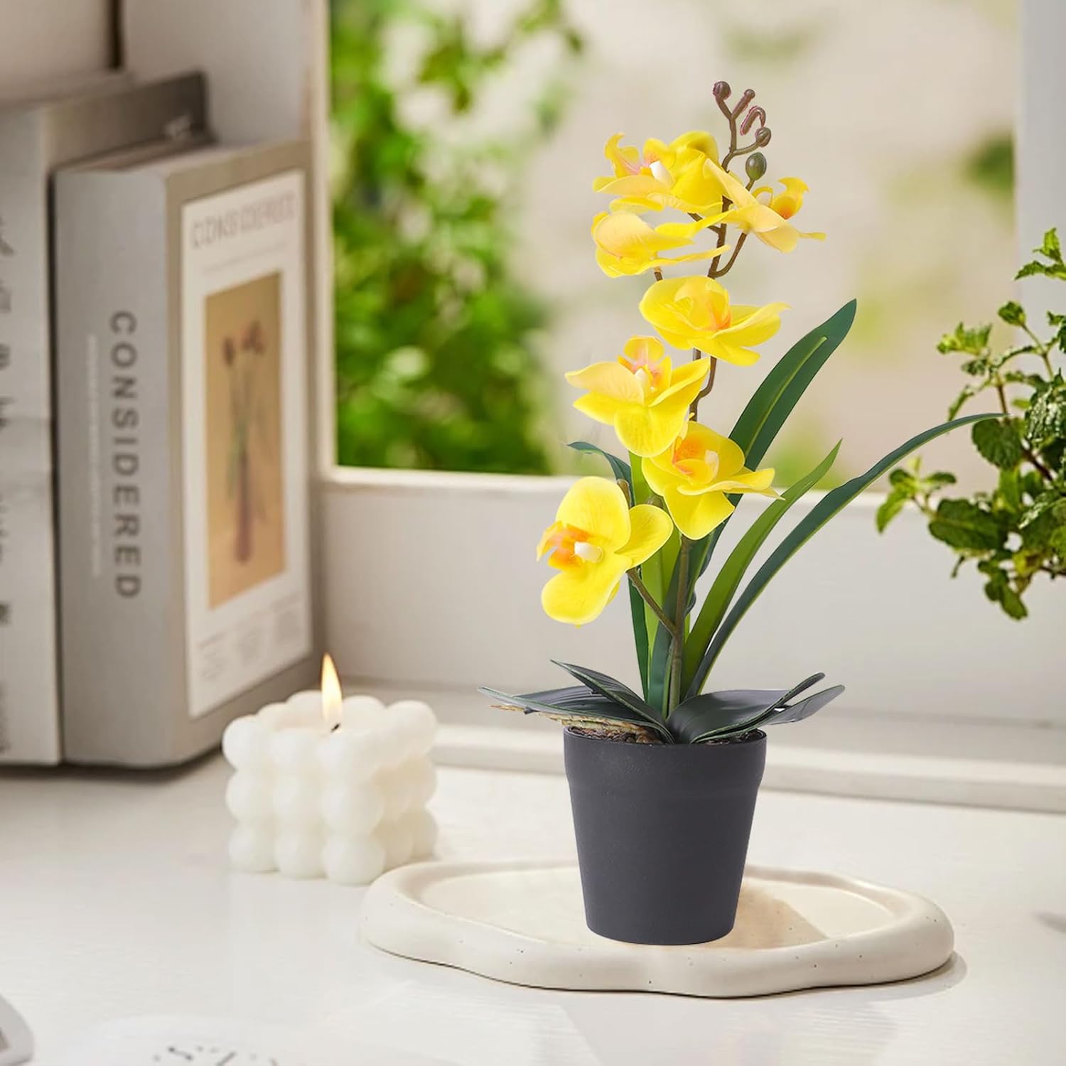 Real Touch Artificial Orchids Flower In Pot, Yellow Faux Orchids Flowers With Vase Fake Phalaenopsis Orchids Arrangement For Table Centerpiece Wedding Party Office Decor