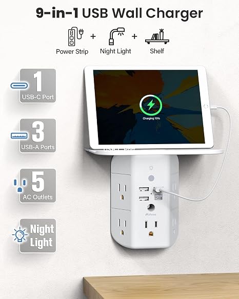 Outlet Extender Surge Protector with Shelf 5 Outlets 4 USB Ports Night Light 1800J White