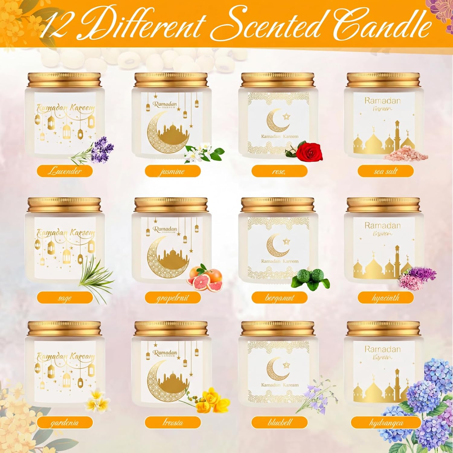 12 Pcs Ramadan Gifts Ramadan Mubarak Scented Candles Jar Eid Candles Eid Mubarak Muslim Scented Light Islamic Party Favors Gifts For Home Muslim Islam Festival Holiday Decor (White)