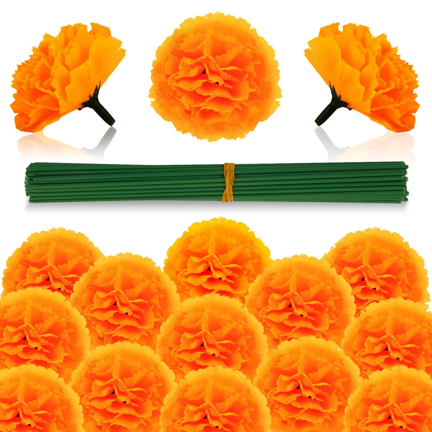 50Pcs Marigold Flowers Artificial Marigold Flowers Heads Bulk Mexican Decoration Silk Orange Marigold Garland With Stems For Day Of The Dead Halloween Diwali Party Decorations Home Decor