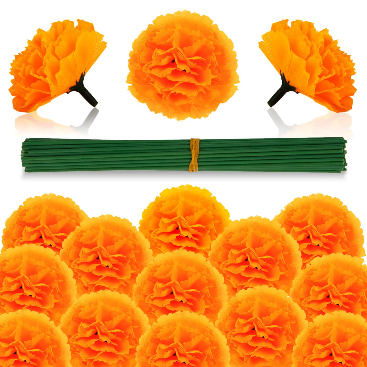 50Pcs Marigold Flowers Artificial Marigold Flowers Heads Bulk Mexican Decoration Silk Orange Marigold Garland With Stems For Day Of The Dead Halloween Diwali Party Decorations Home Decor