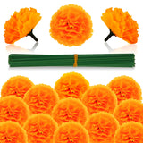 50Pcs Marigold Flowers Artificial Marigold Flowers Heads Bulk Mexican Decoration Silk Orange Marigold Garland With Stems For Day Of The Dead Halloween Diwali Party Decorations Home Decor