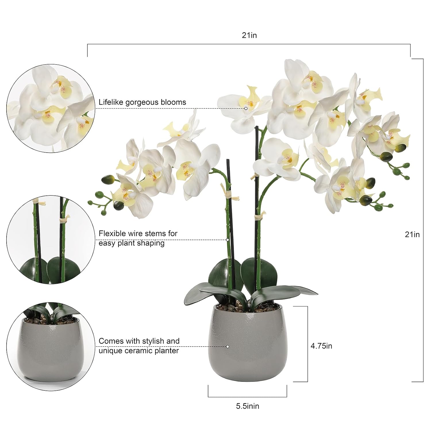 Artificial White Orchid Plant In Gray Ceramic Pot, Realistic Faux Flowers Indoor Decorative Display, 21-Inches Tall, Non-Allergenic, Maintenance-Free
