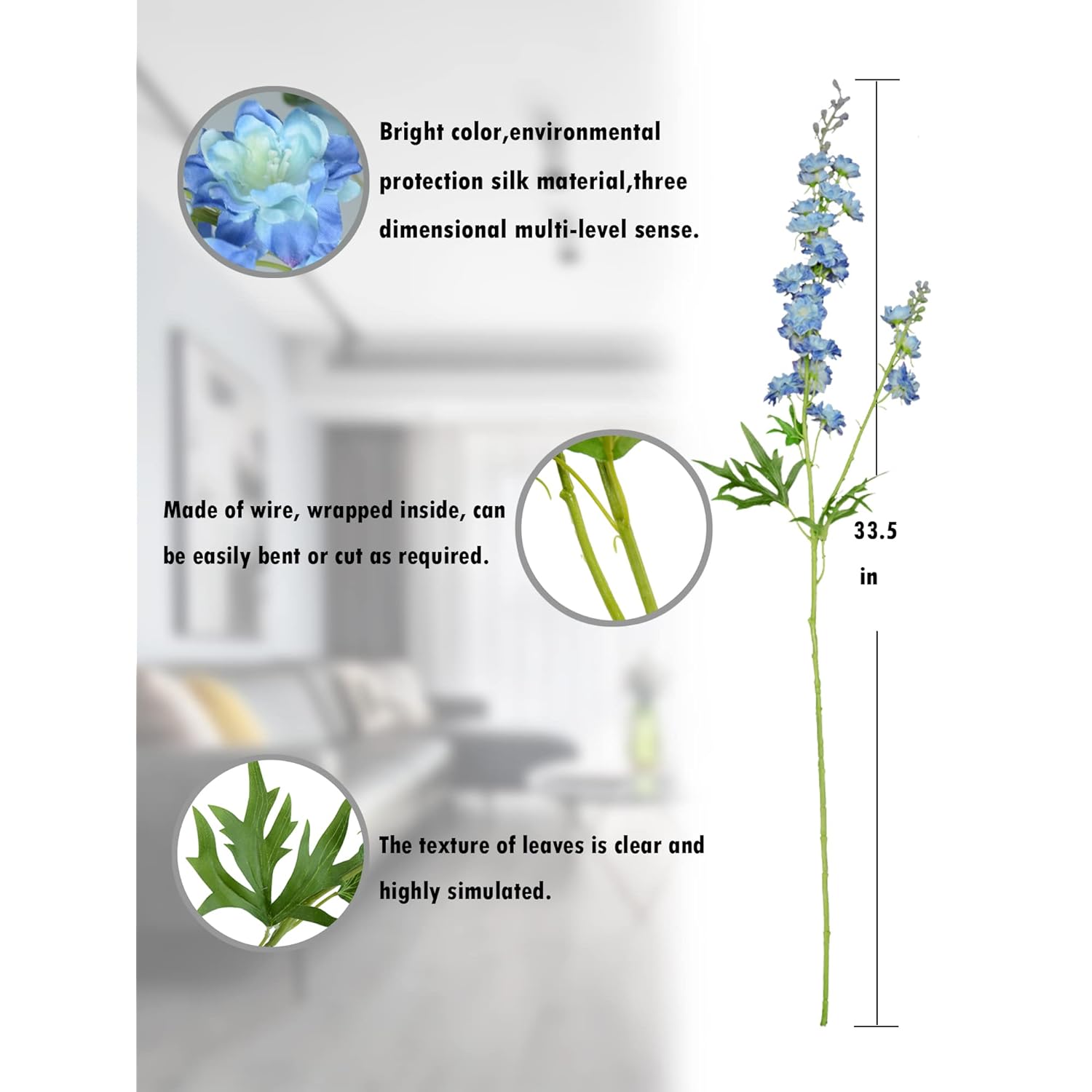 Zytuyo Blue Delphinium Artificial Flower Long Stem Flower 4 Pcs 33.5 In Fake Larkspur Faux Look Real Silk Flower Plant Bulk Bouquets For Outdoor Tall Vase Home Garden Wedding Arrangement Decoration