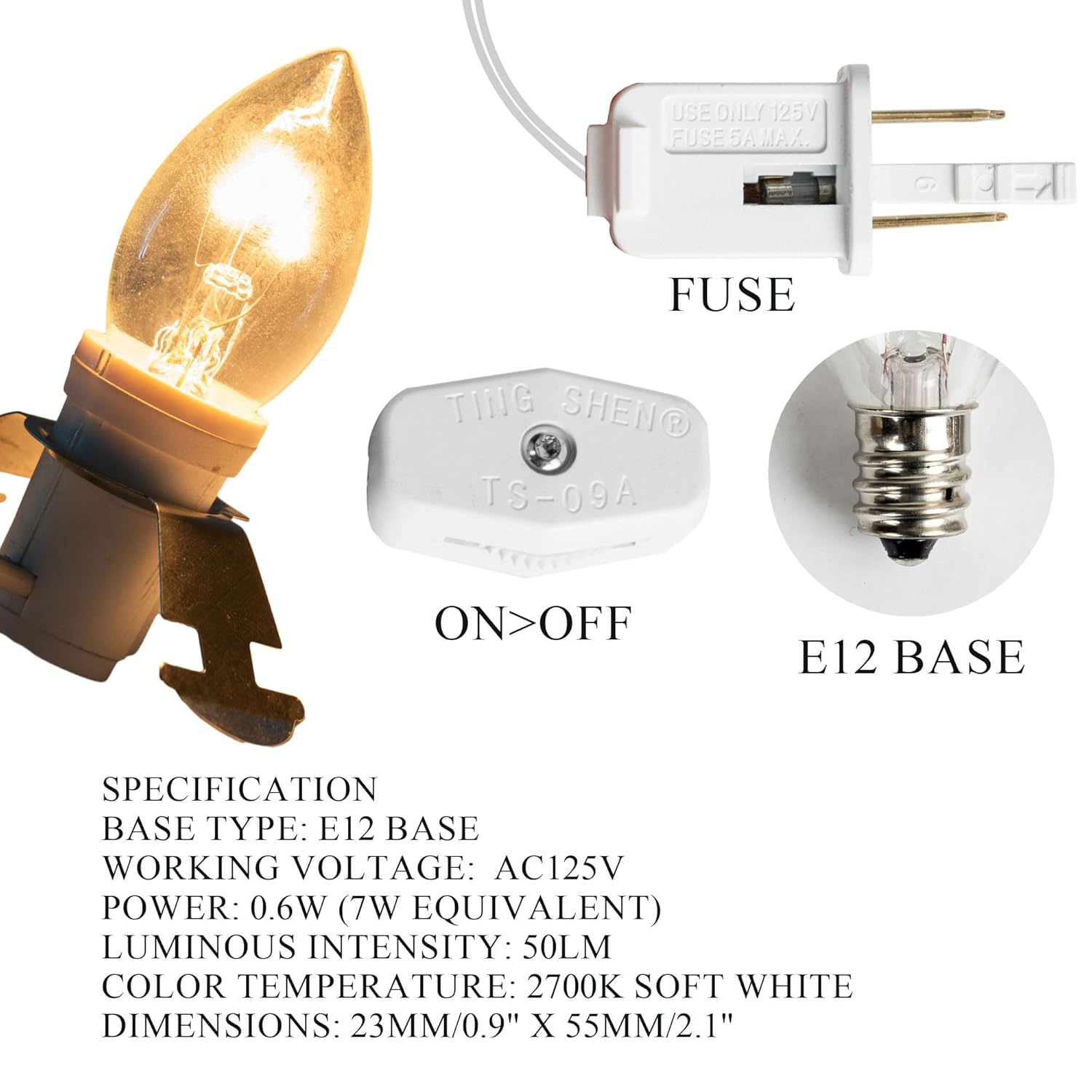 4 Pack 6 Ft Accessory Cord With Incandescent Light Bulb E12 Socket White Cord With On/Off Switch Plug, C7 Candelabra Lig
