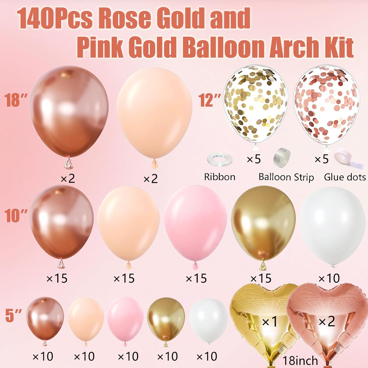 Rose Gold Balloon Garland Arch Kit, 140Pcs Nude Pastel Pink Metallic Gold White Balloons Gold And Rose Gold Confetti Balloons With Heart Foil Balloon For Wedding Bridal Birthday Party Decorations