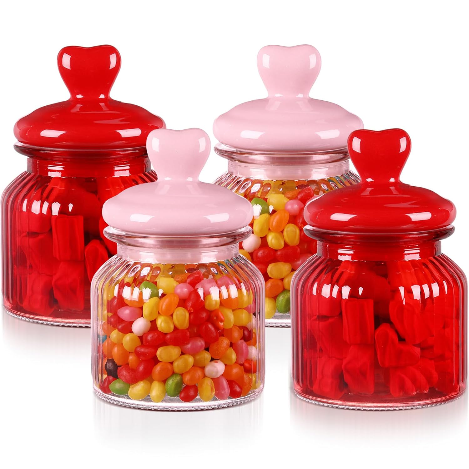 4 Pcs Valentine'S Glass Jars With Heart Lids 22Oz Pink Red Cookie Storage Jars 6.3" X 3.94" Candy Containers Airtight Food Storage Containers For Kitchen And Dining Room Decoration