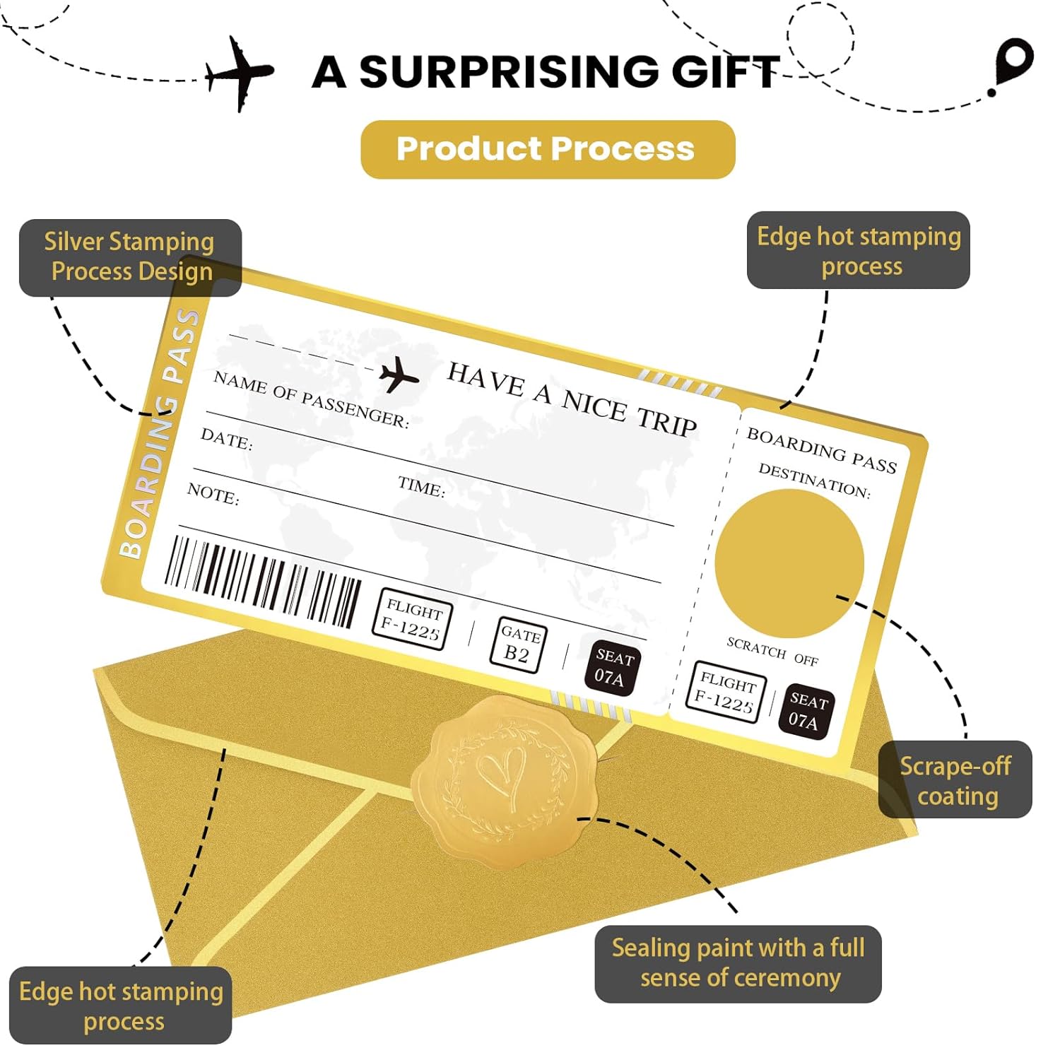 6 Pcs Golden Ticket Scratch Off With Envelopes And Seal, Golden Scratch Off Cards For Air Ticket Gift, Gold Surprise Gifts Tickets For Valentine'S Day Birthday Girlfriends Vacation Couple Dating Etc